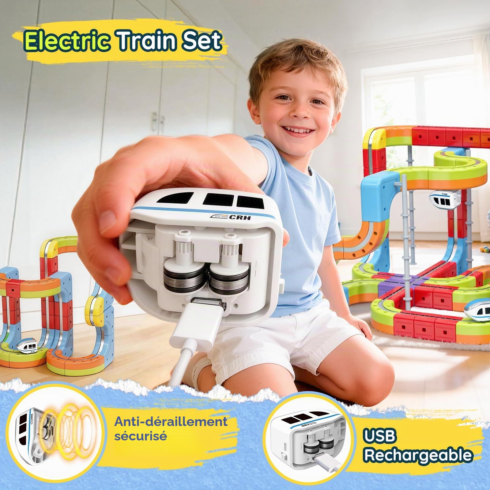 Circuit Train Electrique Enfant, 70 Pièces DIY Construction Cube Track Jouet avec Train Électrique, Cadeau pour Enfants 3 4 5 6 7 8 9 10 11 12 Ans