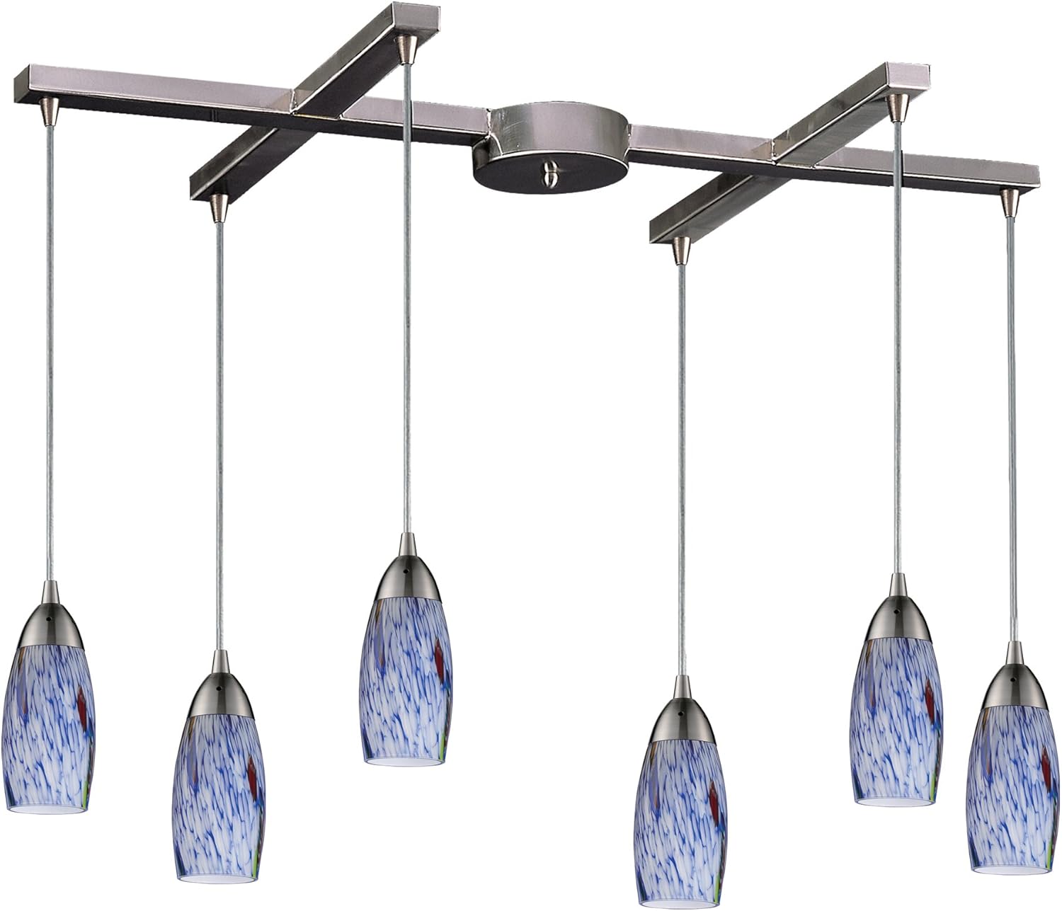 Weekly Top Sale Elk 110-6BL 6 Satin Nickel and Starlight Blue Glass Pendant Light, 17W X 33D X 7H