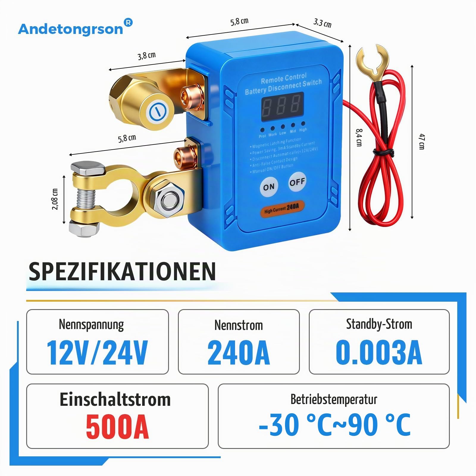‌Fernbedienbarer Batterietrennschalter mit Spannungsanzeige – inkl. Kabel, Werkzeug und Zubehör – schützt Batterieelektronik per Schlüsselfernbedienung – für Autos/Fahrzeuge 12V/24V 240A