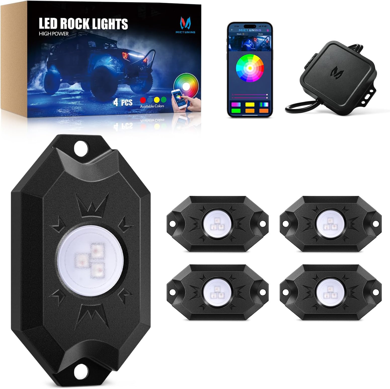 MICTUNING 2nd-Gen RG Neon LED Rock Lights with Bluetooth Controller, Timing Function, Music Mode - 4 Pods Multicolor
