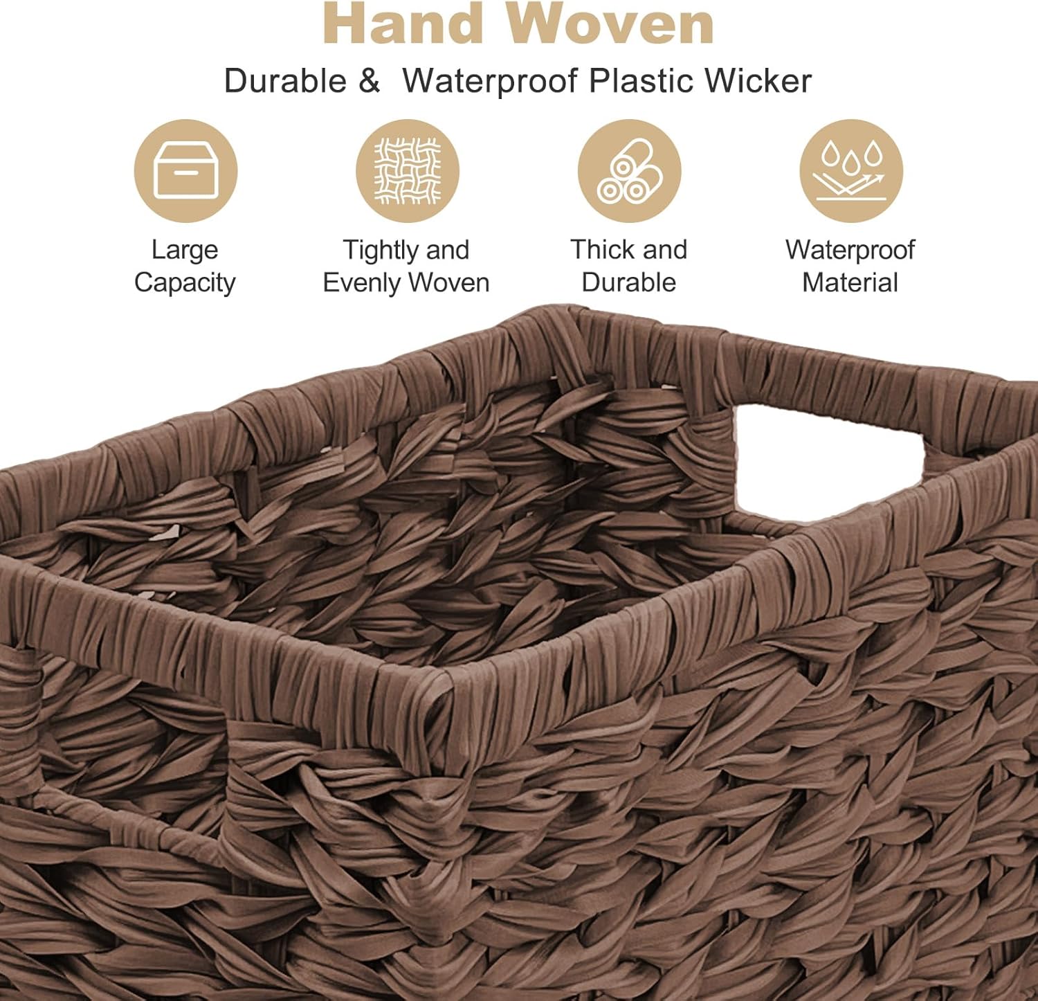 Wicker Storage Basket for Shelves, Rectangular Woven Organizer Bin for Bathroom, Pantry & Countertop, Waterproof Faux Rattan Storage Basket (Brown, L+S)