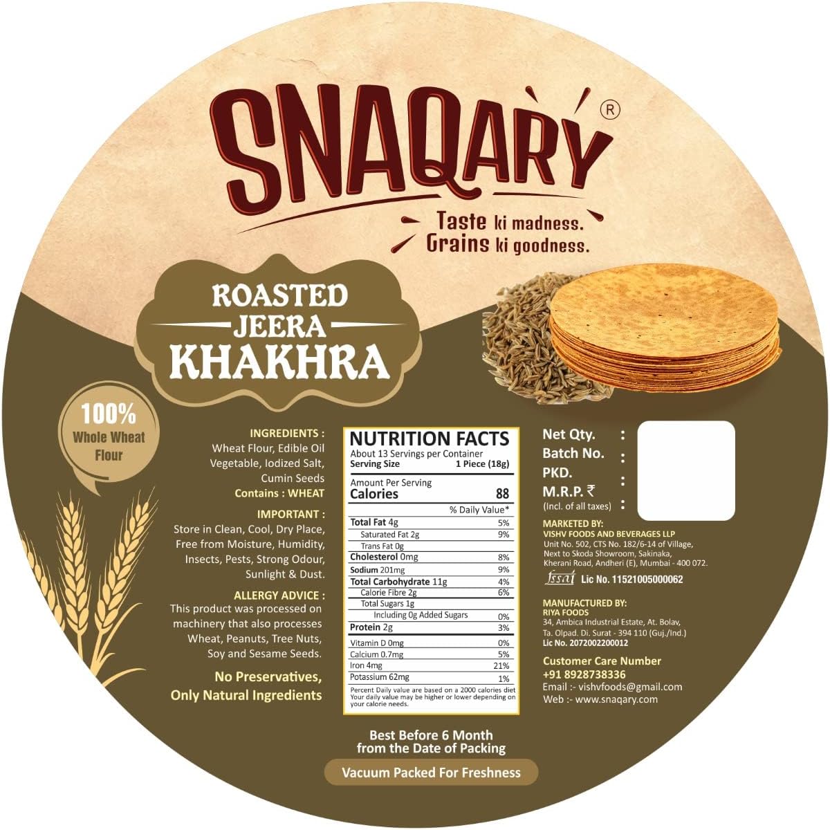 Snaqary All In 1 Whole Wheat Flour Khakhra, Roasted Jeera Khakhra, pack of 4, Healthy Indian Snacks, Crispy and Crunchy Delicious snacks