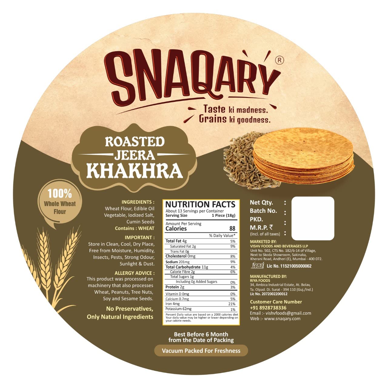 Snaqary All In 1 Whole Wheat Flour Khakhra Roasted Jeera Khakhra, Healthy Indian Snacks, Crispy and Crunchy Delicious Khakhra Snacks, Pack of 2-200g Each.