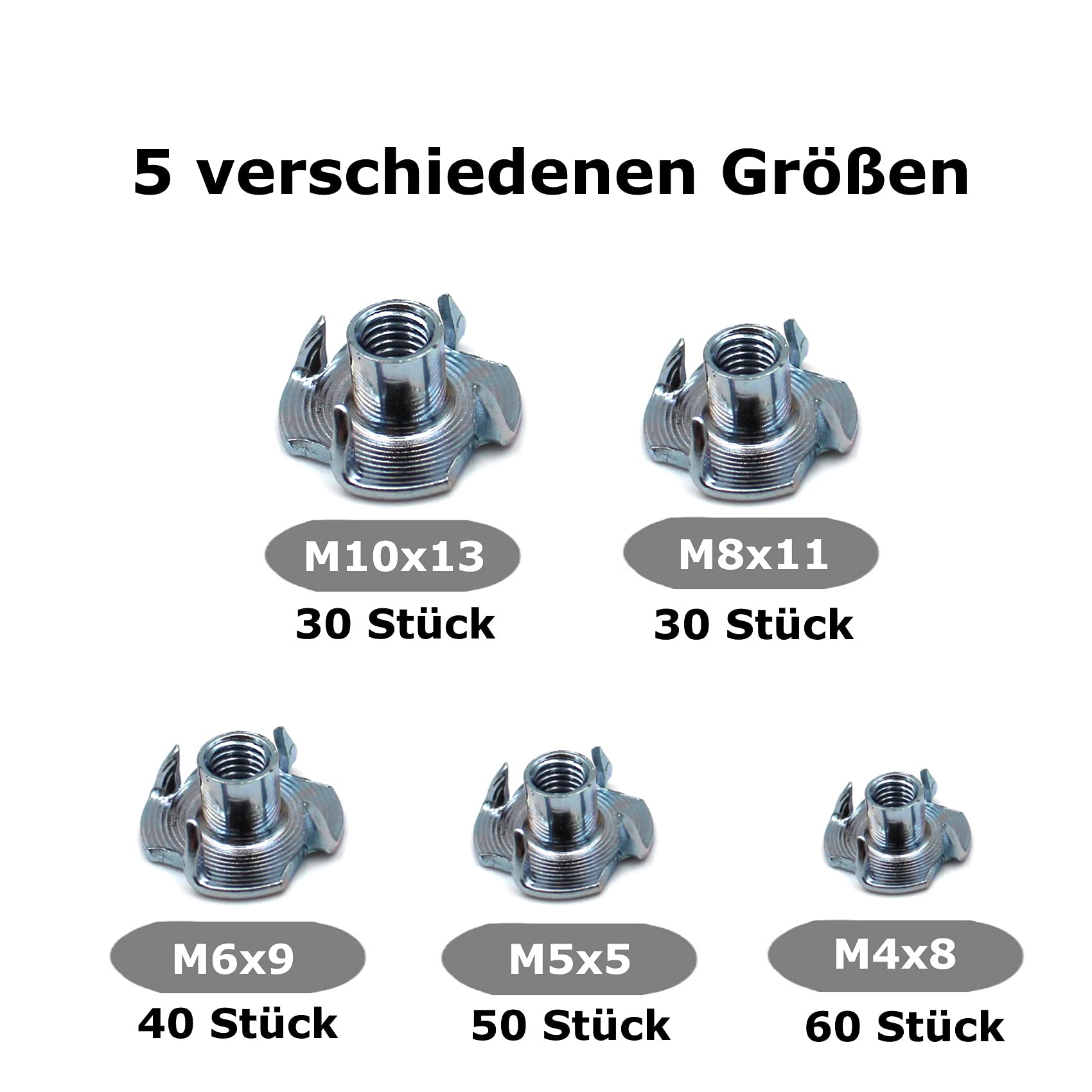 Juego de 210 tuercas de impacto con 4 puntas de impacto similares a DIN 6930/acero galvanizado, tamaños M4, M5, M6, M8, M10