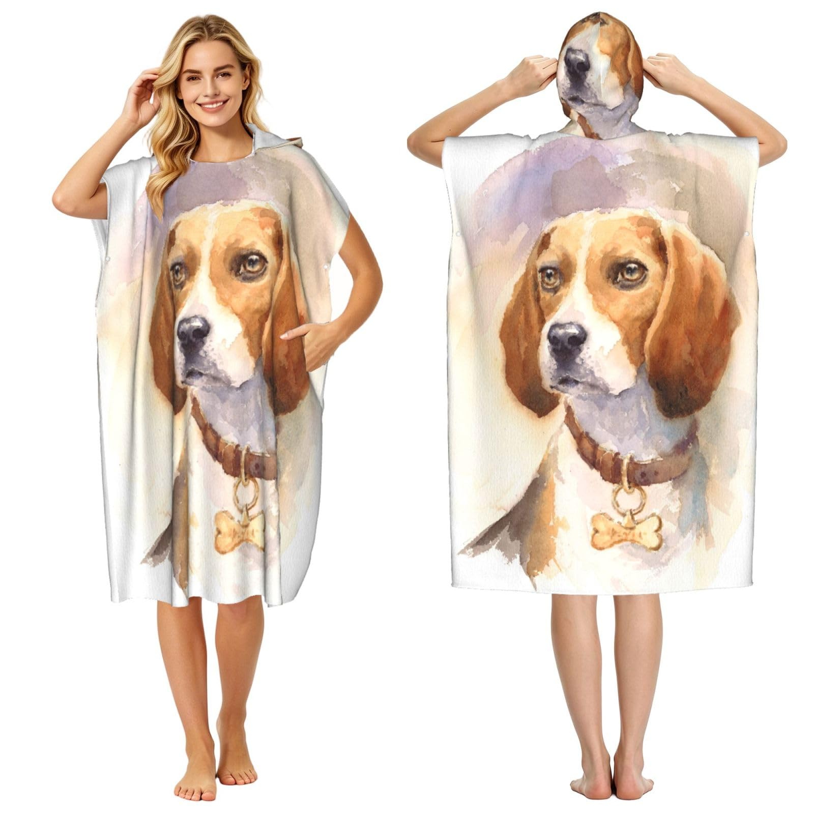 Poadnly Watercolor Beagle Head, Adult Hooded Beach Towel 90 x 110 cm,Changing Bath Robe, Surf Poncho Towel For Women Men