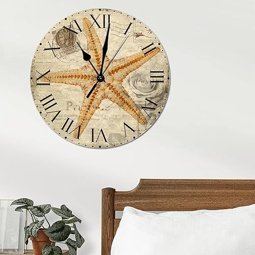 Miniatura 28 de ArogGeld Reloj de pared con diseño de estrella de mar antigua francesa, de cloruro de polivinilo, con números romanos, de 10 pulgadas, funciona