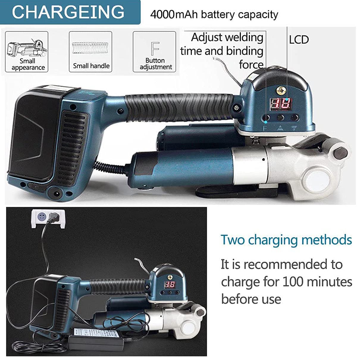 Cercleuse électrique, cercleuse électrique pour Sangles PP Pet 13-19 mm, Machine de cerclage Automatique alimentée par Batterie 4000 mAh pour palettes en Carton