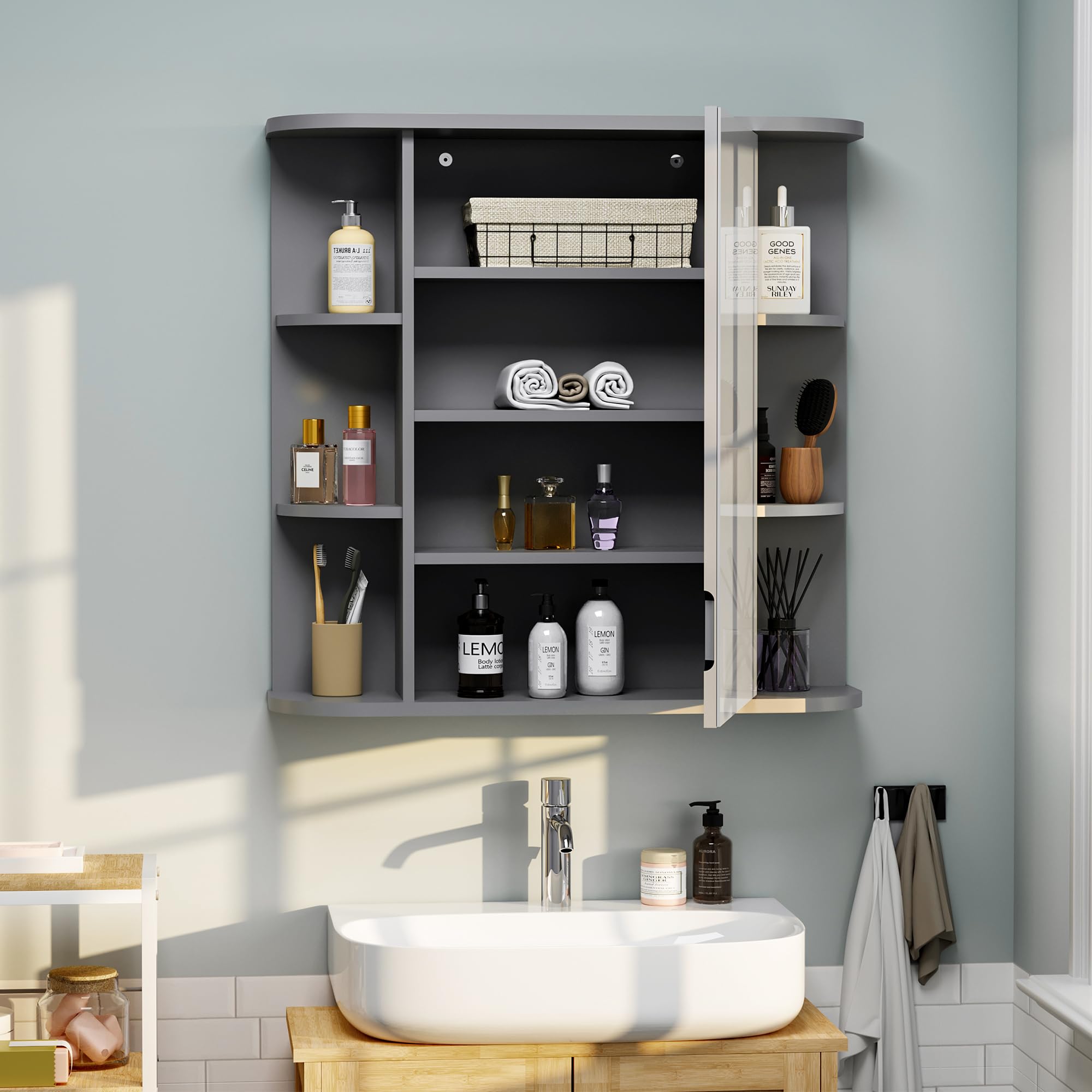 Pamapic Spiegelschränke fürs Bad, Badezimmerschrank mit Spiegel, Hängeschrank Badezimmer mit verstellbaren Ablagen, Schrank mit Badezimmerspiegel, Wandschrank,67,5 x 60 cm, Grau