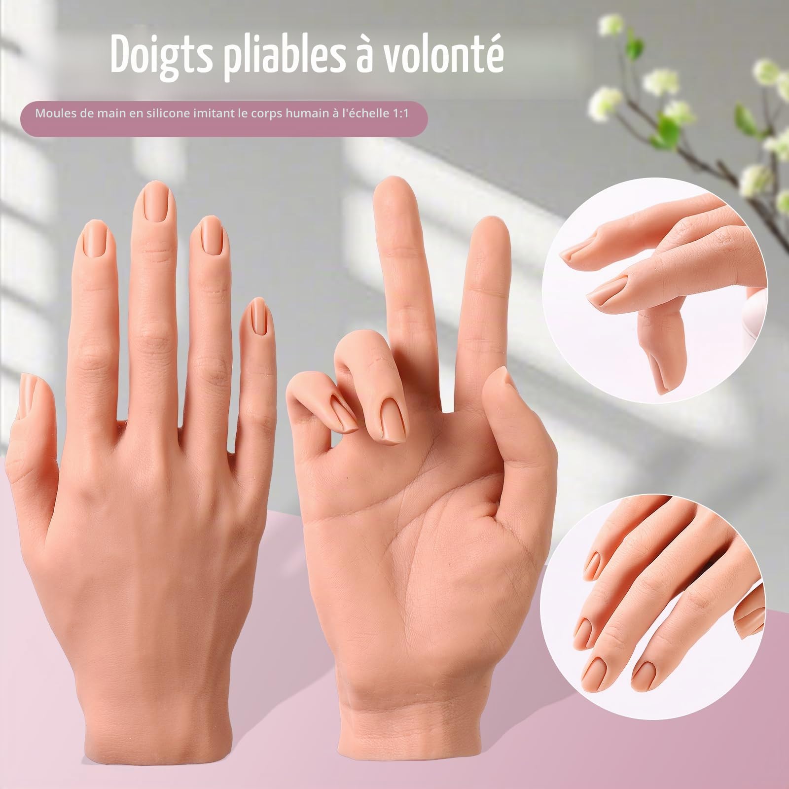 Main d'entraînement pour ongles en acrylique – Main d'entraînement des ongles en silicone – Modèle de pratique flexible pour les débutants professionnels (-25)