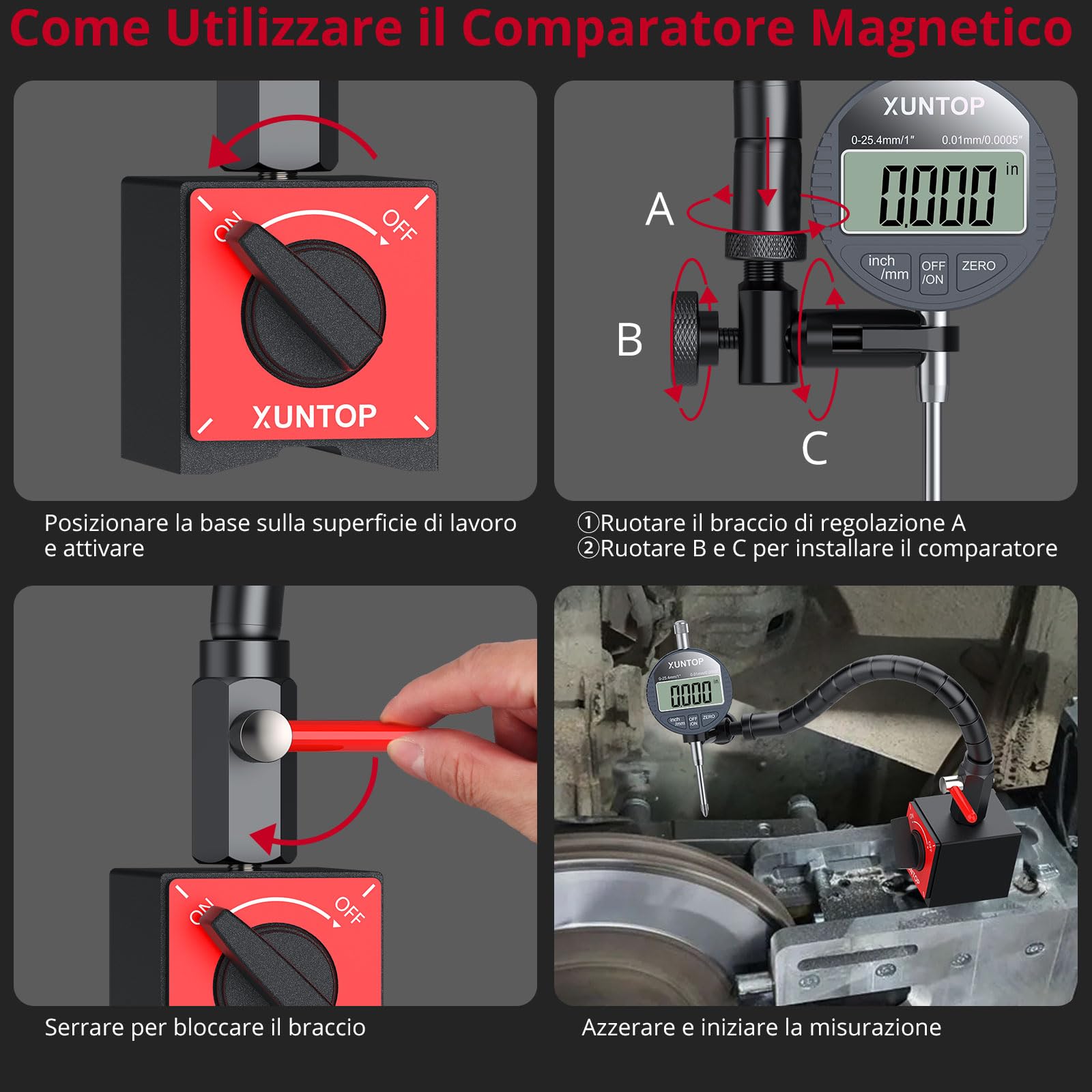 XUNTOP Comparatore Magnetico Digitale, Base Magnetica con Braccio Snake Flessibile da 340mm, Comparatore Professionale 0.01mm/0.0005" Portatile con Display LCD per Officina, Tornio, Fresatrice