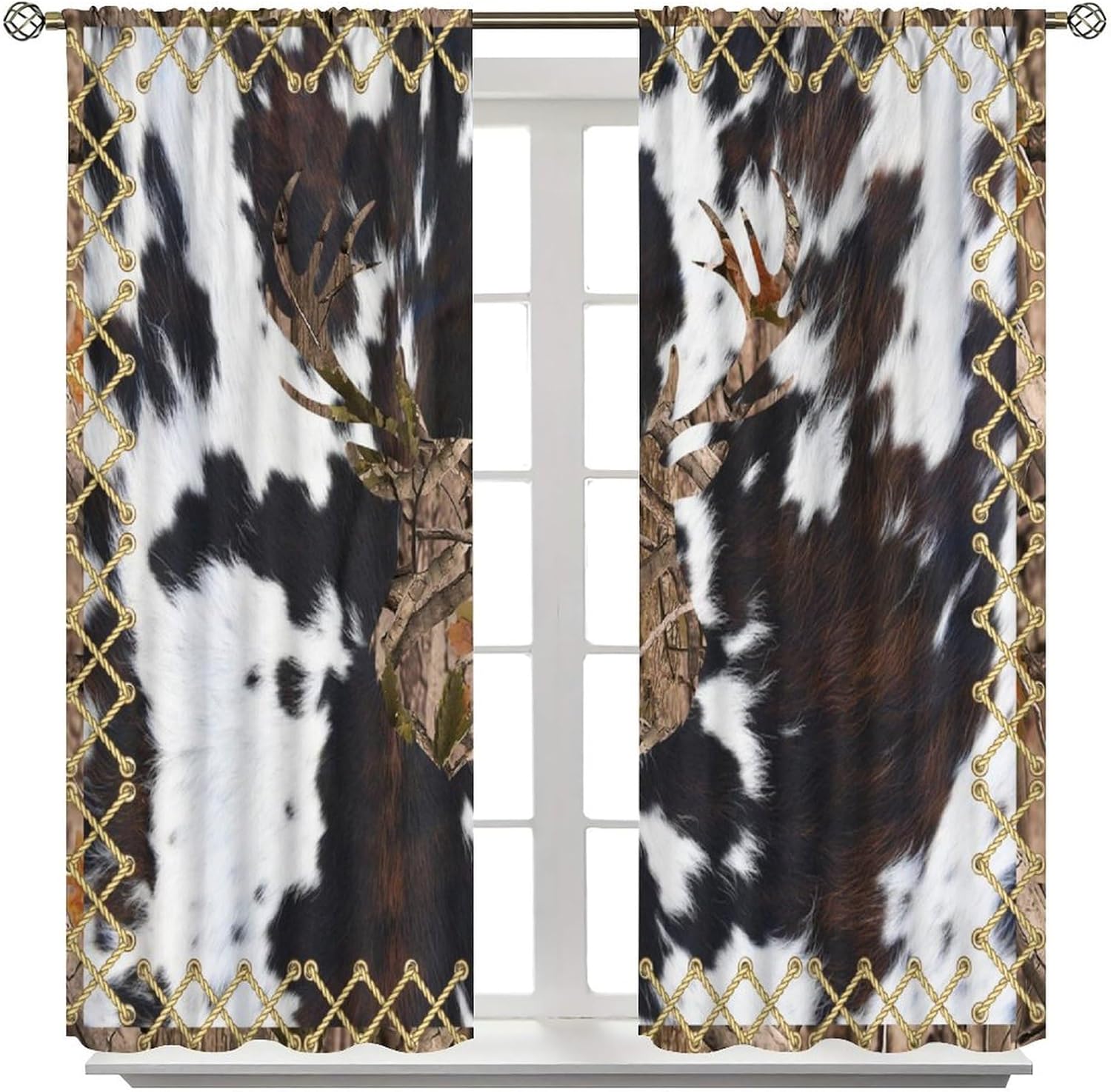Rustic Deer Curtain,Rustic Western Farmhouse Cowhide Animal Fur Print Window Treatment Curtains for Kitchen Bedroom Cafe Dining Room Office Living Room Drapes, 52x84 in