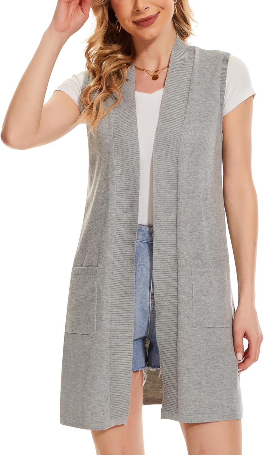 Moss Rose Long Vest for Women Sleeveless Lightweight Open Front Cardigans Ribbed Knit Outwear with Pockets - Image 6
