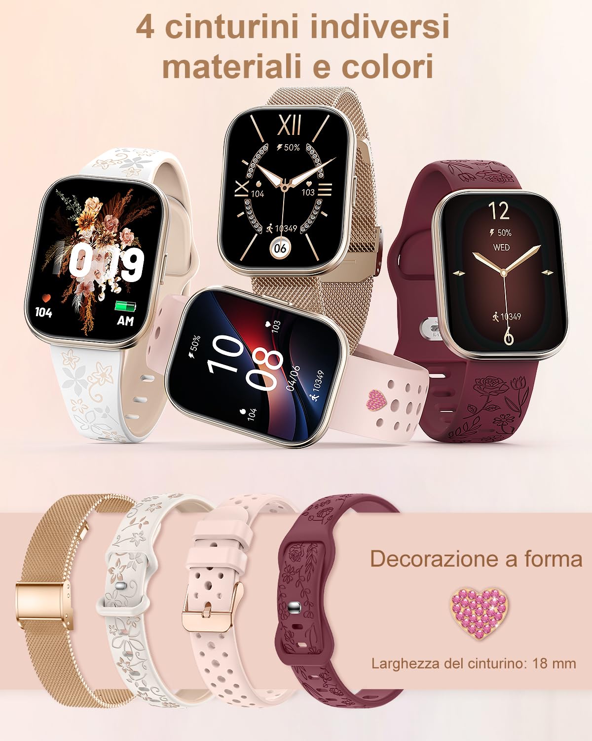 Orologio Smartwatch Donna con Chiamata 4 Cinturini 1.75" Orologio Donna con Contapassi Sonno Frequenza Cardiaca SpO2 Calcolatrice 110+ Sportive Smart Watch per Android iOS, Oro Rosa