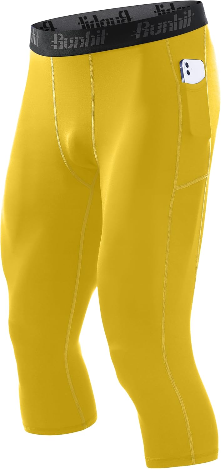 Runhit Men's 3/4 Compression Pants with Pockets,Athletic Leggings Running Capri Tights,Workout Basketball Gym Base Layer