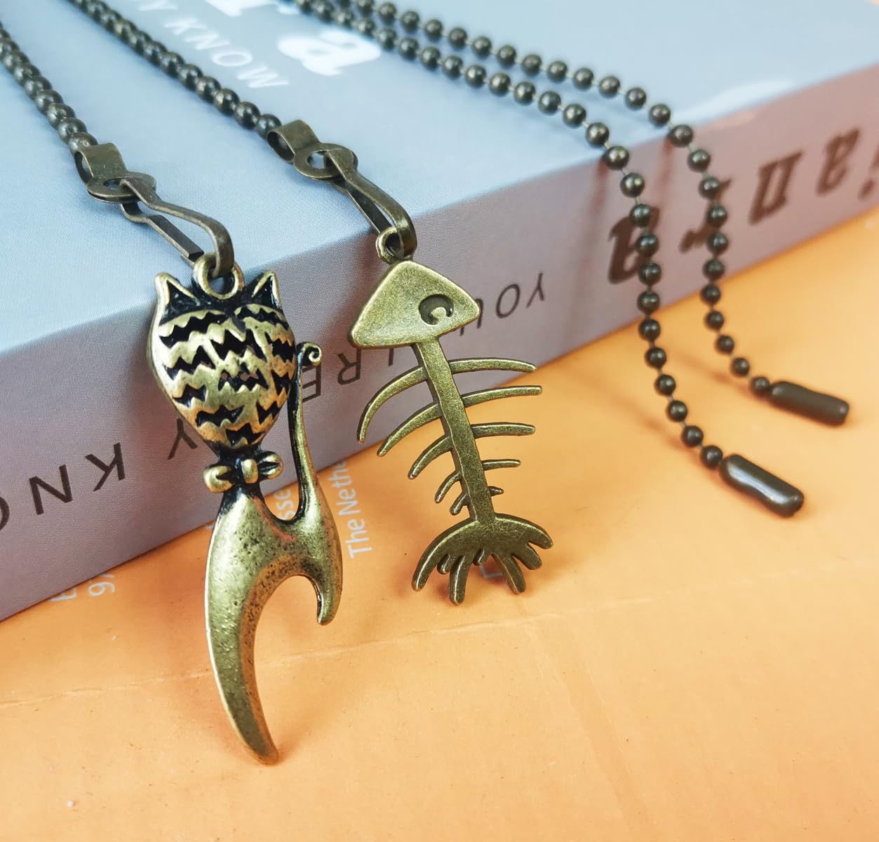 Ceiling Fan Pull Chain Extender, 2-Pack 12 Inch Vintage Cat & Fish Pull Chains with Ball Connector, Decorative Fan Chain Pulls for Ceiling Fan Lights