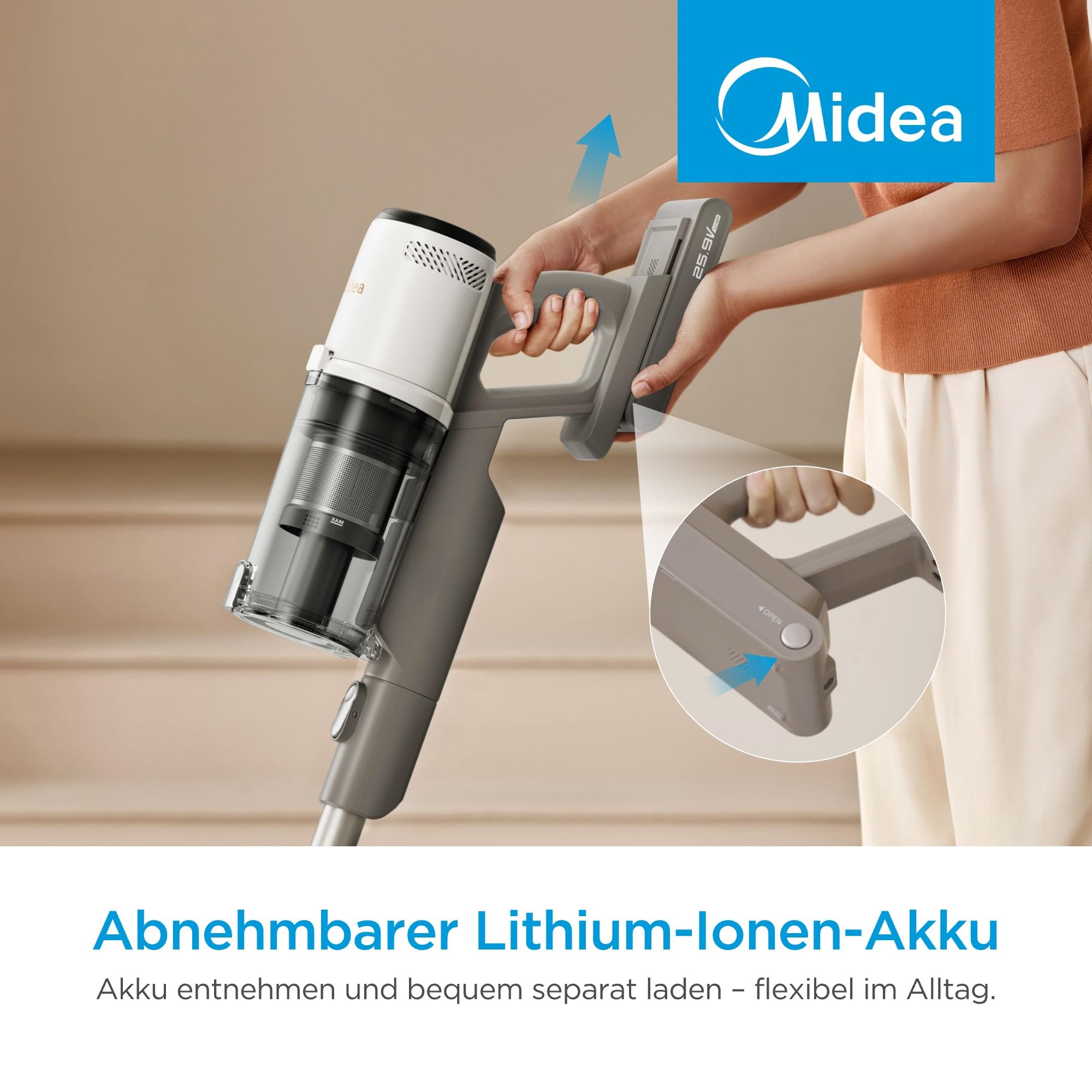 Midea P9 Lite Akku Staubsauger, kabelloser Stielstaubsauger 350 W, bis zu 26 kPa, bis zu 50 Min. Laufzeit, 5-stufiges Filtersystem, LED-Bodendüse, Handstaubsauger, 0,56 L, Weiß/Grau