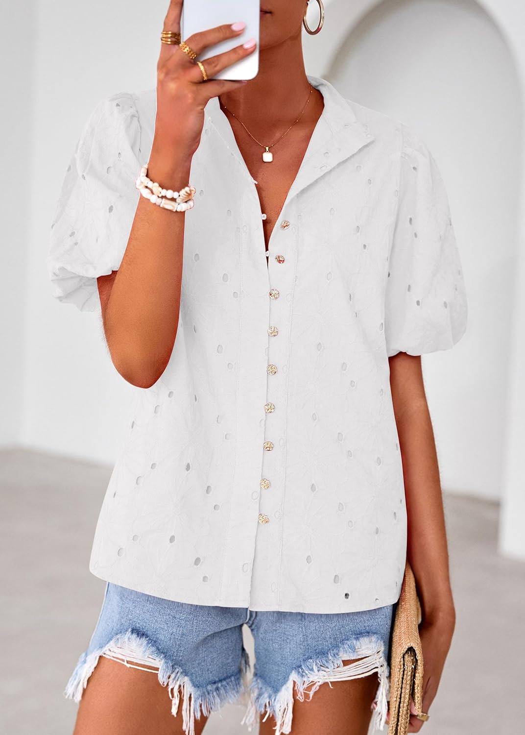 Lazysmile Summer Boho Tops for Women Short Sleeve V Neck Button Down Hollow Out Lace Embroidered Blouses Shirts - Image 8