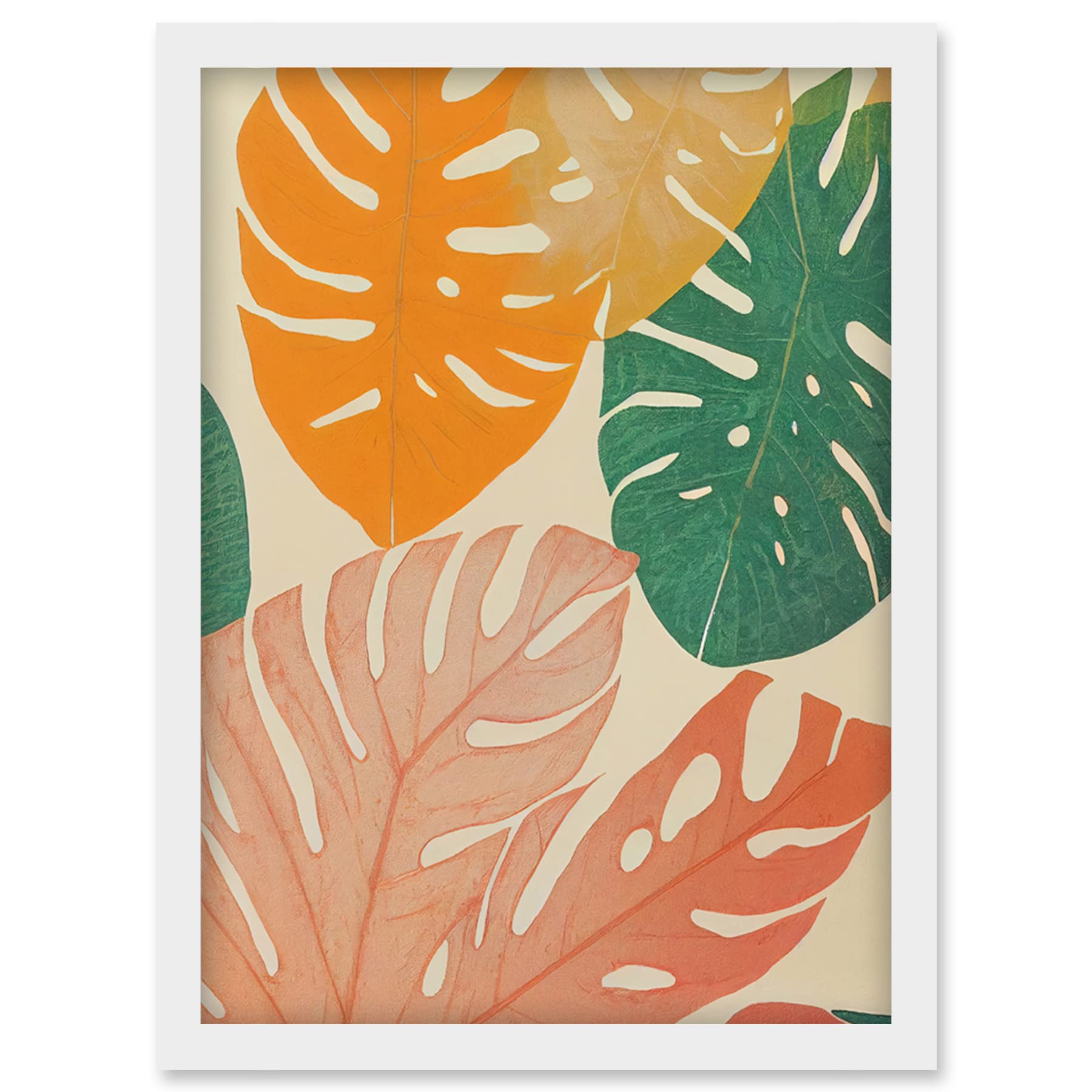 Wee Blue Coo Pastel Monstera Leaves Botanical Artwork Framed Wall Art Print A4