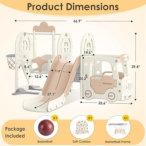 Miniatura 7 de BIERUM Tobogán para niños pequeños de 1 a 3 años con aro de baloncesto y columpio, tobogán de bebé para niños, regalo ideal para interiores