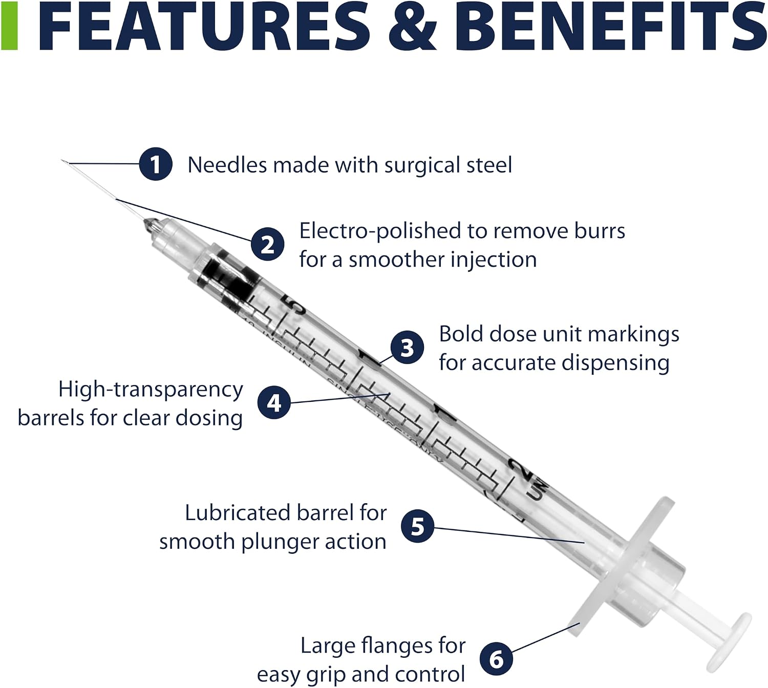 EasyTouch U-40 Pet Insulin Syringes (29G 0.5cc 1/2") - 100 ct. | Compatible with U-40 Insulin, 50 Unit Capacity, 1/2" Needle Length, Half-Unit Markings, Box of 100
