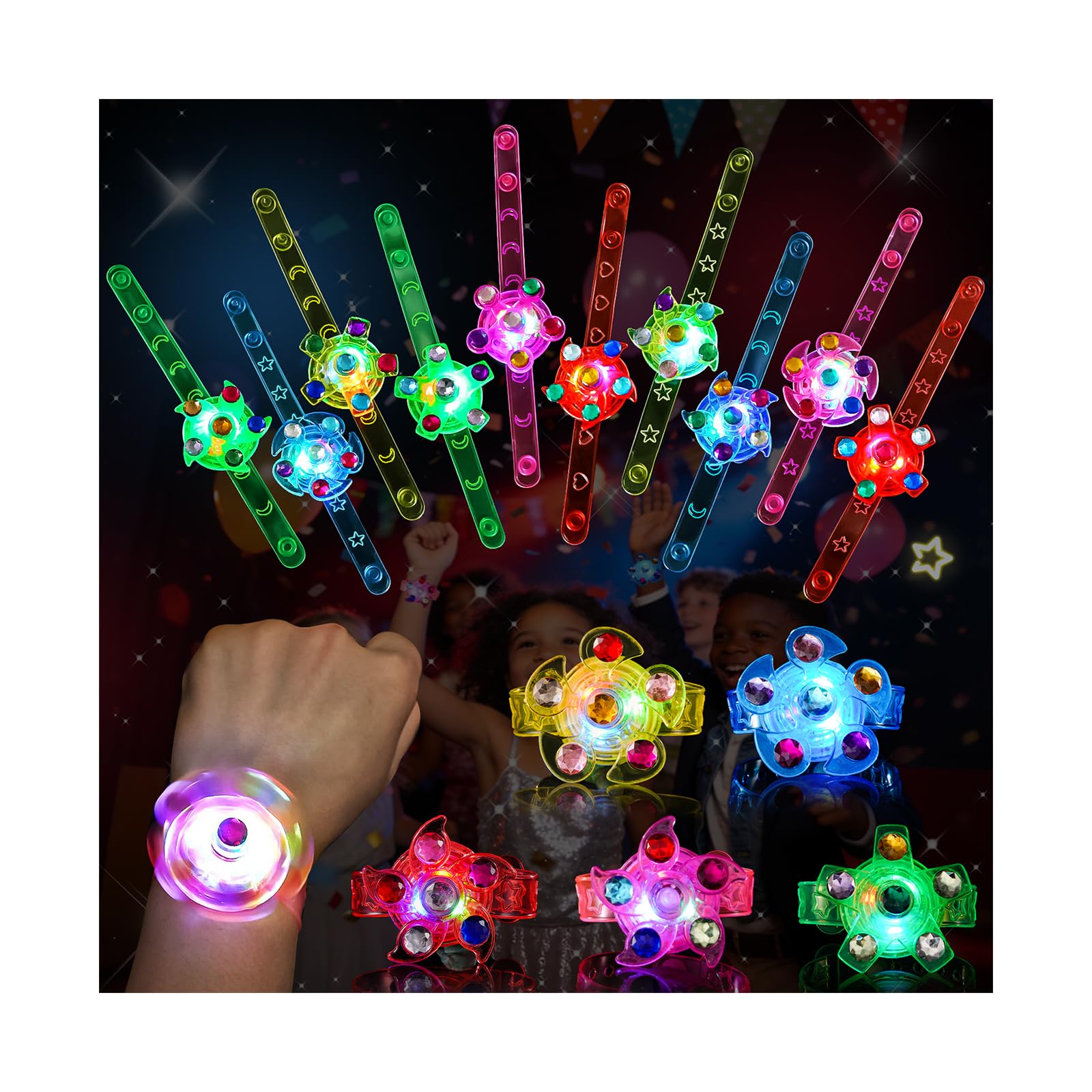 SCIONE 24 Pack LED Light Up Fidget Spinner Bracelets, Glow in The Dark Party Favors for Kids 4-8 8-12, Treasure Box Toys, Birthday Gifts, Carnival Prizes, Easter Goodie Bags Stuffers