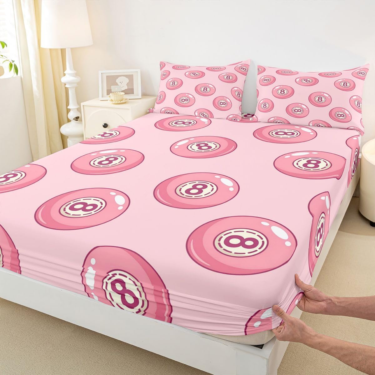 Erosebridal Pink Lucky 8 Ball Fitted Sheet Full Fashion Trendy Y2K Bed Sheets Girly Coquette Preppy Bedding Set for Kids Boys Girls,Aesthetic Funky Y2K Bed Cover 3 Pcs
