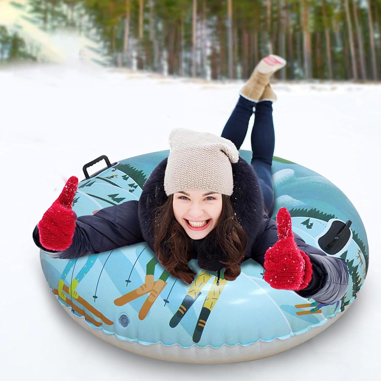 Inflatable Snow Tube with Handles Folding Snow Sled Winter Snow Sledding Toy Thicken Skiing Tubing for Outdoor Sledding