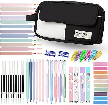 42 Pcs Big Capacity Pencil Pouch with Aesthetic School Supplies, 12 Highlighters, 5 Black Ink Gel Pens, 6 Mechanical Pencils Set 0.5 & 0.7mm, Sticky Notes, Stationary Set for Student Black
