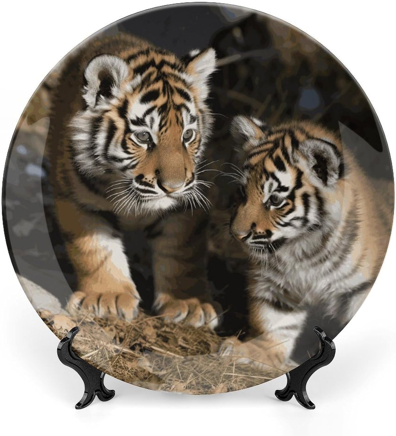 Siberian Tiger Bone China Decorative Plate with Display Stand, Ceramic Ornaments Plate for Wall Hanging, Personalized Porcelain Plates for Office, Living Room 8inch