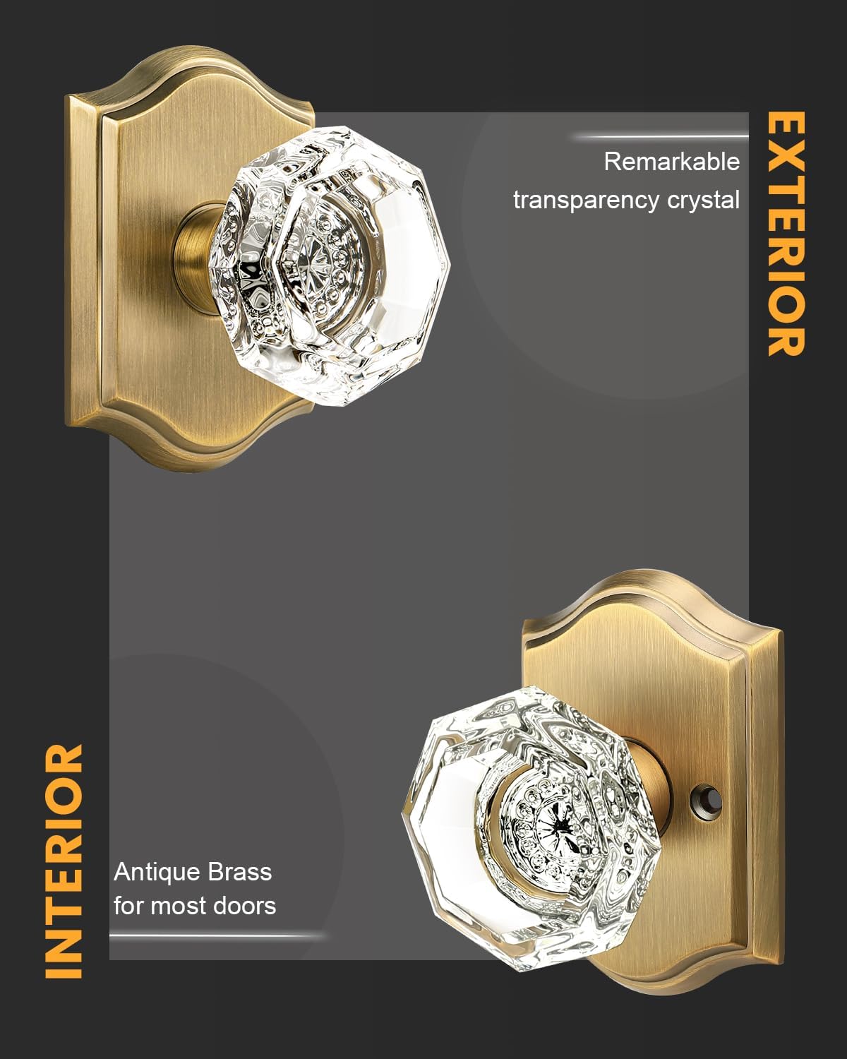 Gobrico Antique Brass Passage Door Knobs for Hallway/Closet,Keyless Octagonal Crystal Door Handles with Arched Rosette,Non-Locking Function,3 Pack