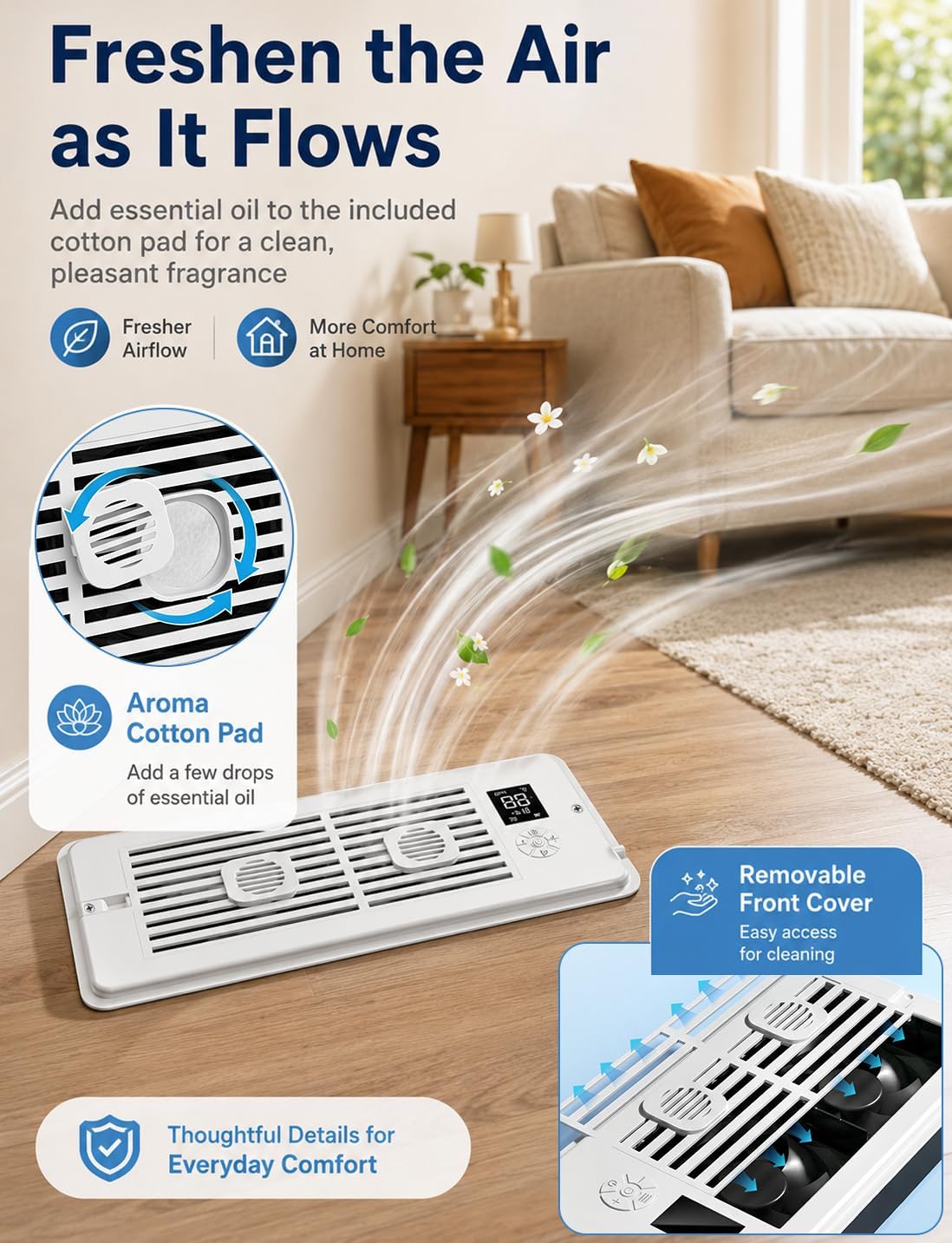 Register Booster Fan for 4” x 10” Vents, Remote Control, 3 Modes, 10 Speeds, Built-In Display, Fits Floor or Wall Registers, Removable Front Cover, Home HVAC Airflow Support - Off White