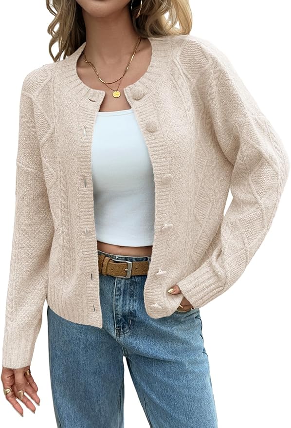 Saodimallsu Womens Cable Knit Cardigan Button Down Crew Neck Long Sleeve Loose Fall Trendy Sweater Coats