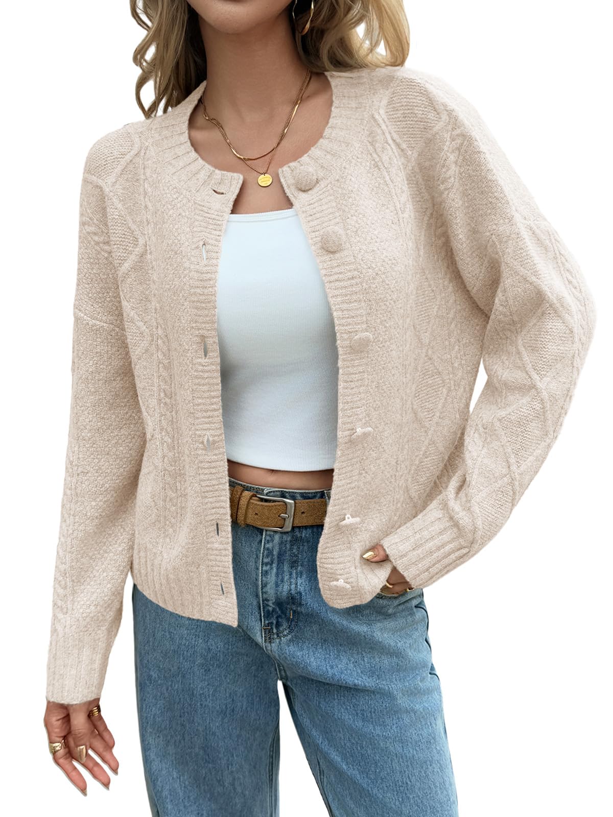 Saodimallsu Womens Cable Knit Cardigan Button Down Crew Neck Long Sleeve Loose Fall Trendy Sweater Coats