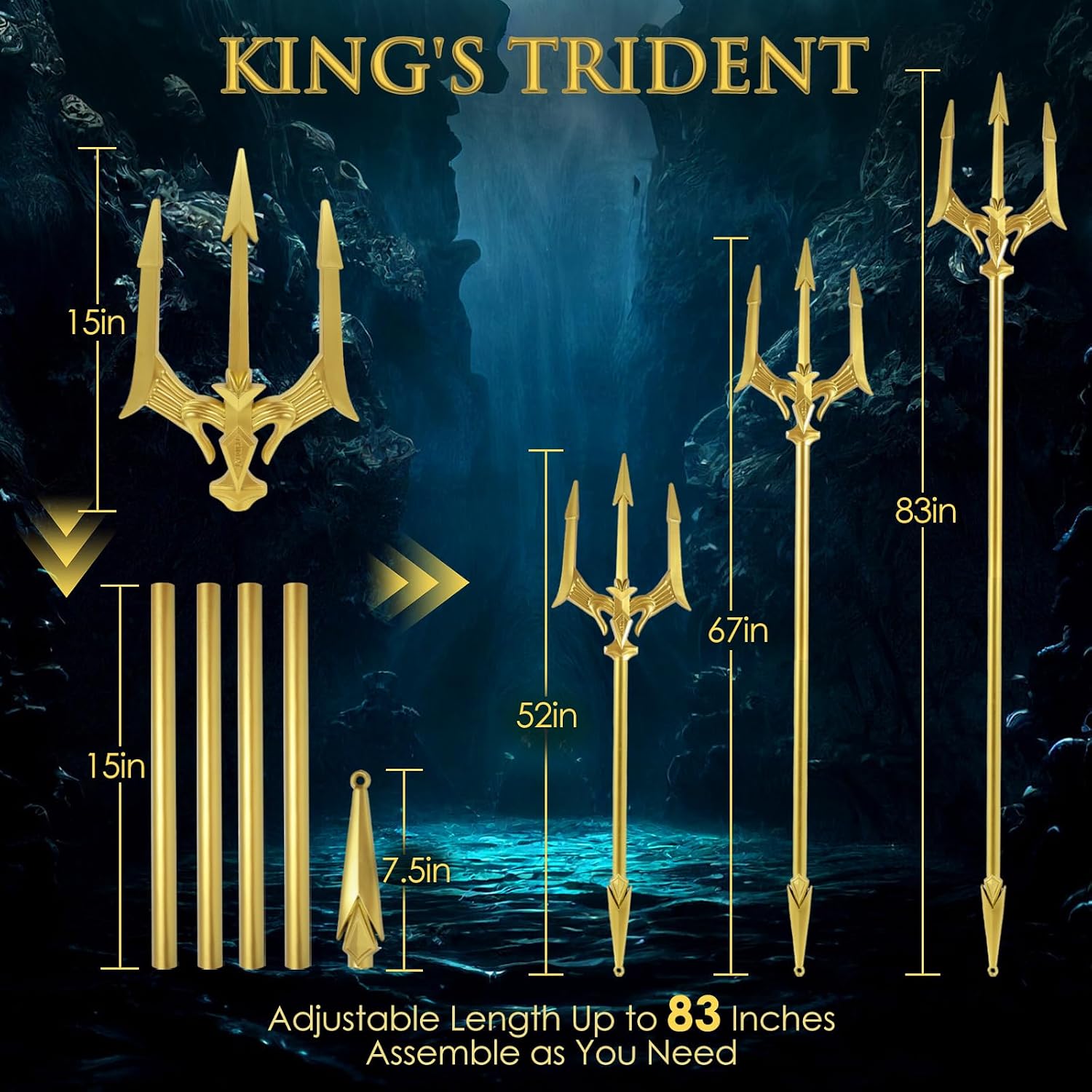King’s Trident 83 Inches Metal Alloy Cosplay Prop – Adjustable 4-Section Poseidon Staff for Adult Halloween & Display Décor