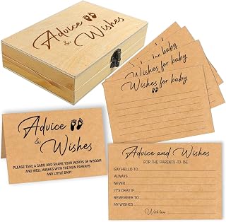 50 Pcs Baby Shower Advice Cards with Wooden Box, Premium Thick 4.8" x 3.2" Advice and Wishes Cards Baby Shower Keepsakes, Advice for Parents To Be, Baby Shower Game, Activities for Guests