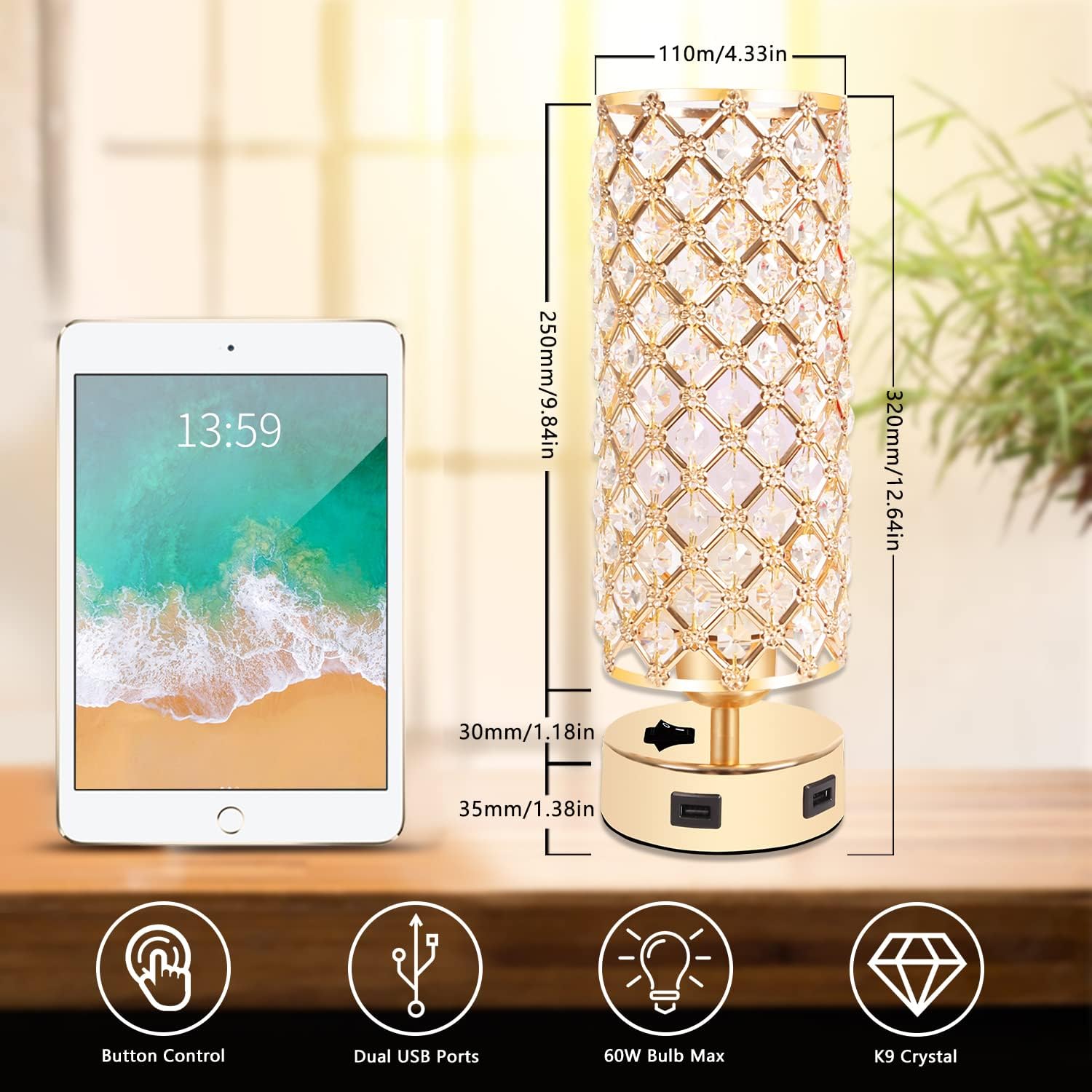 USB Crystal Table Lamp, Small Gold Lamp Sets, Desk Lamp Set of 2 with USB Charging Ports, Bedside Lights with Metal Base, Decorative Lamp Modern Nightstand Lamp for Bedroom Living Room(Set of 2)