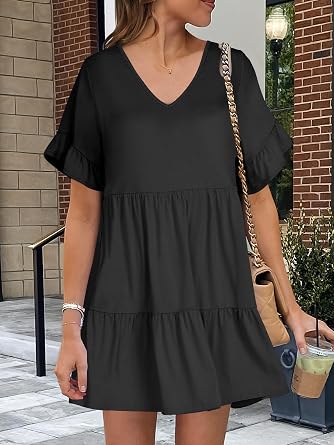 ANRABESS Dresses for Women Summer 2026 V Neck Ruffle Sleeve A Line Tiered Flowy Casual Trendy Mini Beach Dress with Pockets