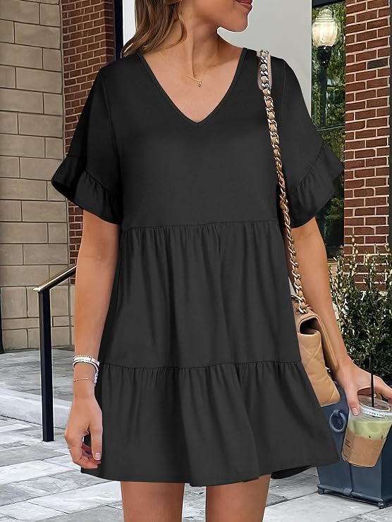 ANRABESS Dresses for Women Summer 2026 V Neck Ruffle Sleeve A Line Tiered Flowy Casual Trendy Mini Beach Dress with Pockets