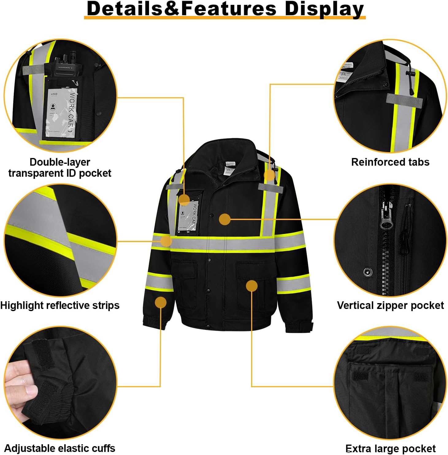 Waterproof Hi Vis Safety Jackets for Men, High Visibility Reflective Jacket with Pockets, Long Type Rain Coats for Winter Construction with Black Bottom, Class 3, DJK-Black X-Large - Image 5