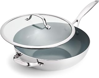 GreenPan Valencia Pro 12" Stainless Steel Wok with Lid - PFAS-Free Ceramic Nonstick, Tri-Ply, Induction & Oven Safe to 600°F