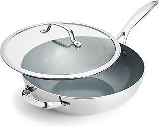 GreenPan Valencia Pro Tri-Ply Stainless Steel 12” Wok with Lid, Ceramic ...