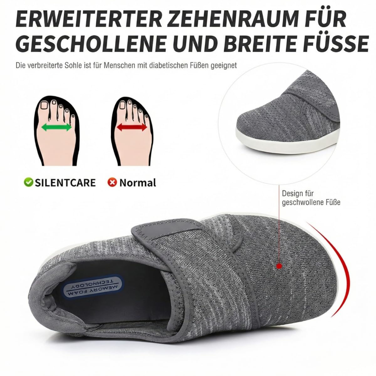 VibeCraft Diabetiker Schuhe Herren Damen Extra Weit mit Klettverschluss Orthopädische Komfortschuhe für Geschwollene Füße Leichte & rutschfeste Sohle