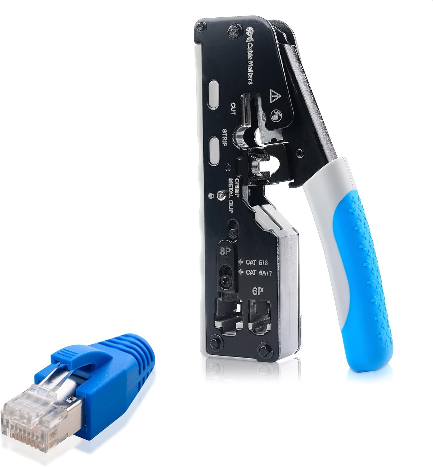 Cable Matters 50-Pack Cat6A RJ45 Shielded Modular Plugs with Strain Relief Boots & 1-Pack All-in-One Modular Ethernet Crimping Tool (Cat5 Cat6 Cat7 Cat8) for Shielded Pass-Through Connectors