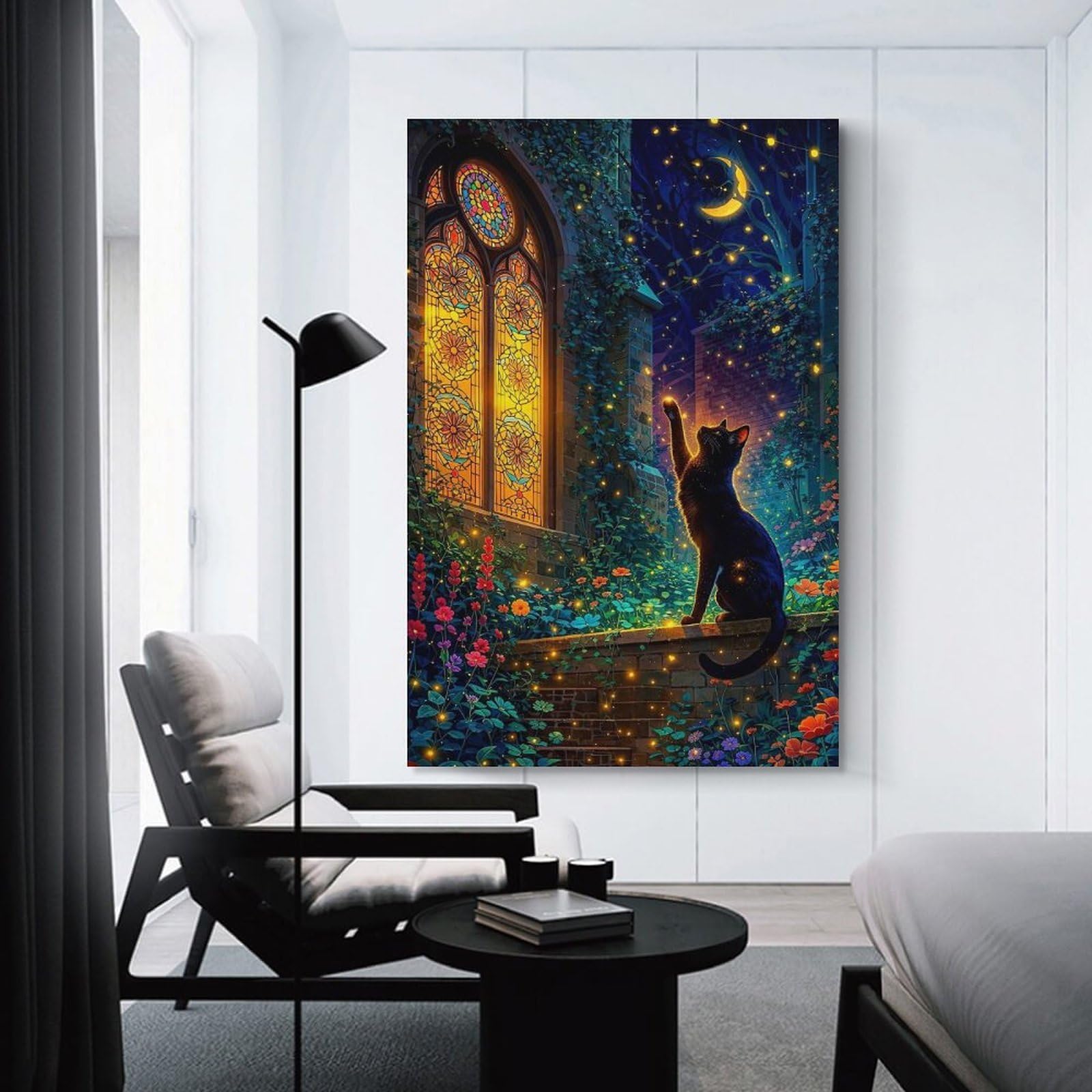 Junmoney Unframe-Style-18 Black Cat Reaching For Stars Decorative Wall Artwork 20X30inch(50X75cm), For New Homes, Bedrooms Or Workspaces, A Wall Art Gift For Fresh Interiors