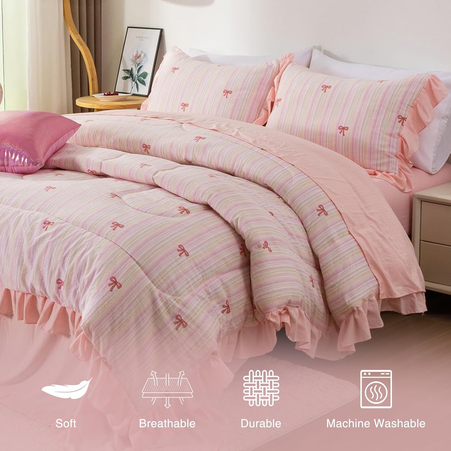 素敵な夜のレインボーストライプ&amp;リボン寝具セット、フリル付き6ピースベッドバッグマッチングシーツセット、プリンセススタイルの