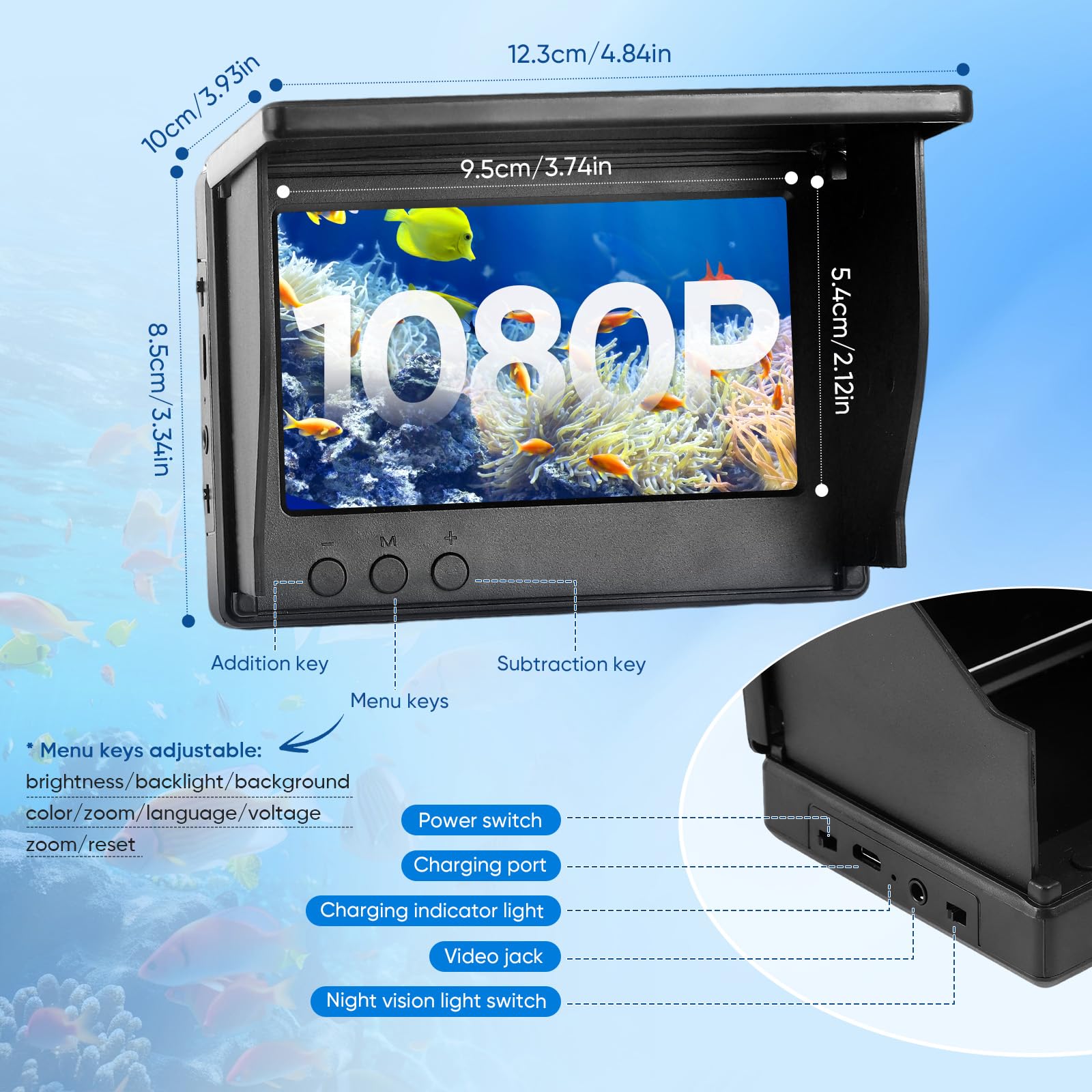 Rilevatore di pesca, fotocamera subacquea, sensore di pesca, display HD da 4,3 pollici, visione notturna, batteria al litio da 5000 mAh, fotocamera HD, impermeabile IP65, diverse lingue