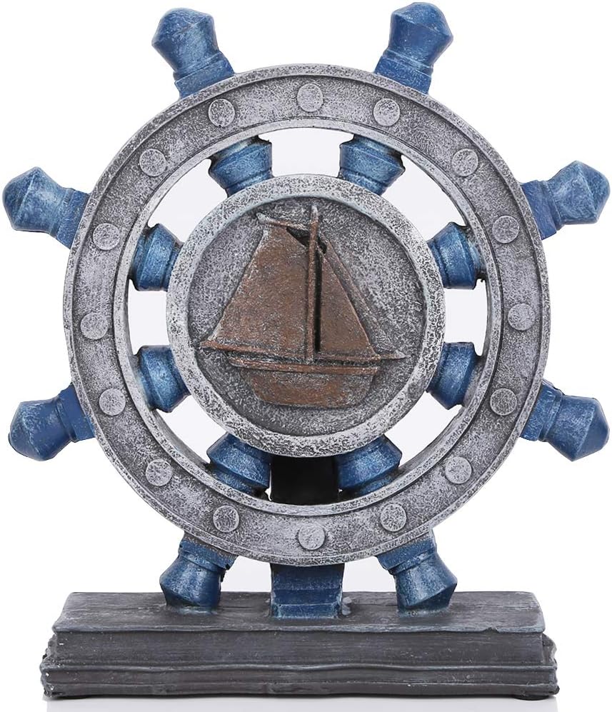 H&W Resin Rudder Figurine, Nautical Décor, Helm Model Statue Ornament for Home Garden Bar, Indoor Outdoor Tabletop Decoration, Antique Boat Anchor Mediterranean Style, Blue (HH19-D3)