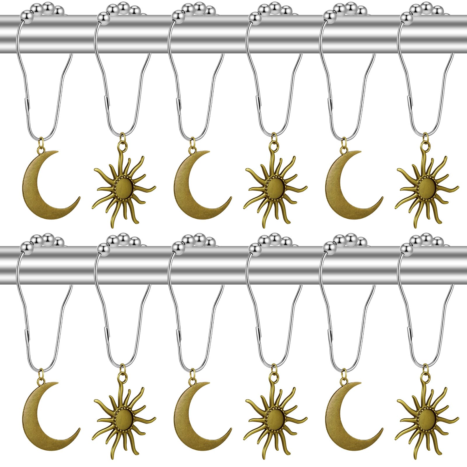 RAHHLIZS 12PCS Brass Shower Curtain Hooks Sun Moon Boho Bathroom Rings
