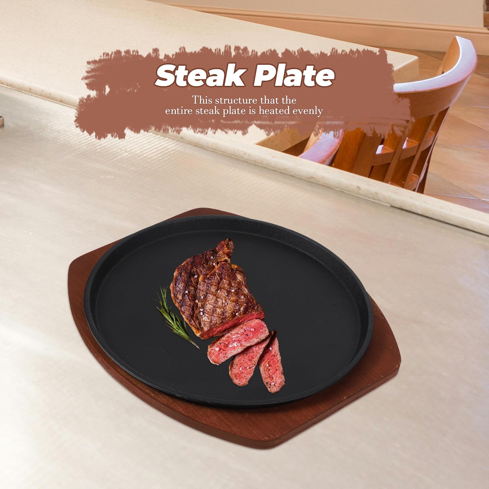 SHERCHPRY Plancha de Hierro Fundido Base de Madera para Carne y Pescado, Excelente Conductividad Térmica y Distribución Uniforme del Calor para Barbacoa