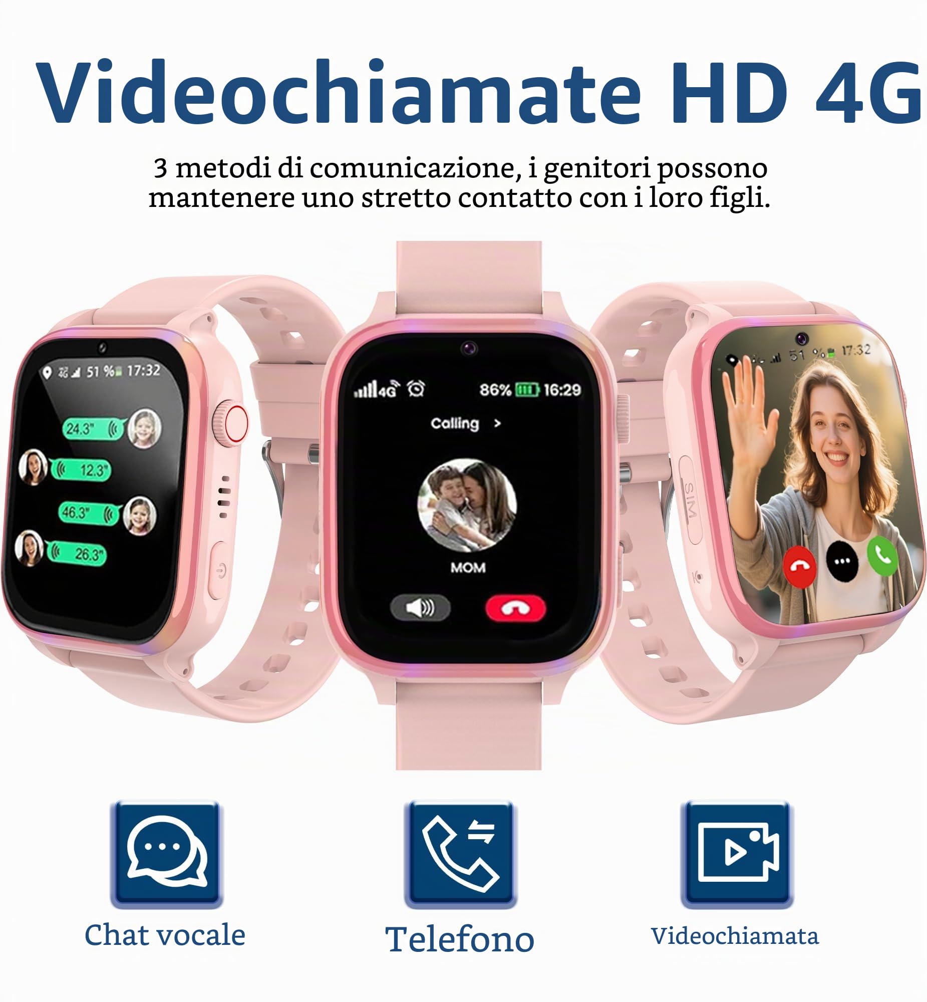 4G Smartwatch Bambini con GPS e Videochiamate, Orologio Telefono Bambini con Chiamate, Chat Vocale, SOS, Modalità Scuola, IP68, Contapassi, Sveglia, Fotocamera, Regalo per Ragazza e Ragazzo, Blu